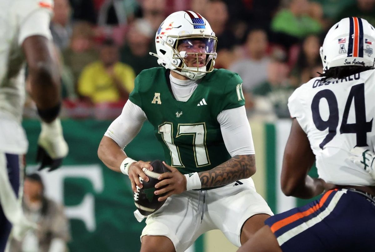Nov 6, 2025; Tampa, Florida, USA; South Florida Bulls quarterback Byrum Brown (17) throws the ball against the UTSA Roadrunners during the second half at Raymond James Stadium. Mandatory Credit: Kim Klement Neitzel-Imagn Images