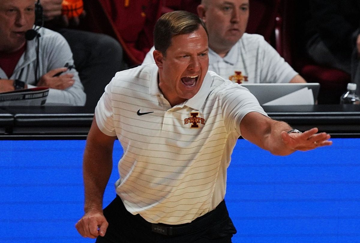 Iowa State Cyclones men's basketball head coach T.J. Otzelberger calls a play from side line during the first half against Grambling State Tigers on Nov. 6, 2025, at Hilton Coliseum in Ames, Iowa.