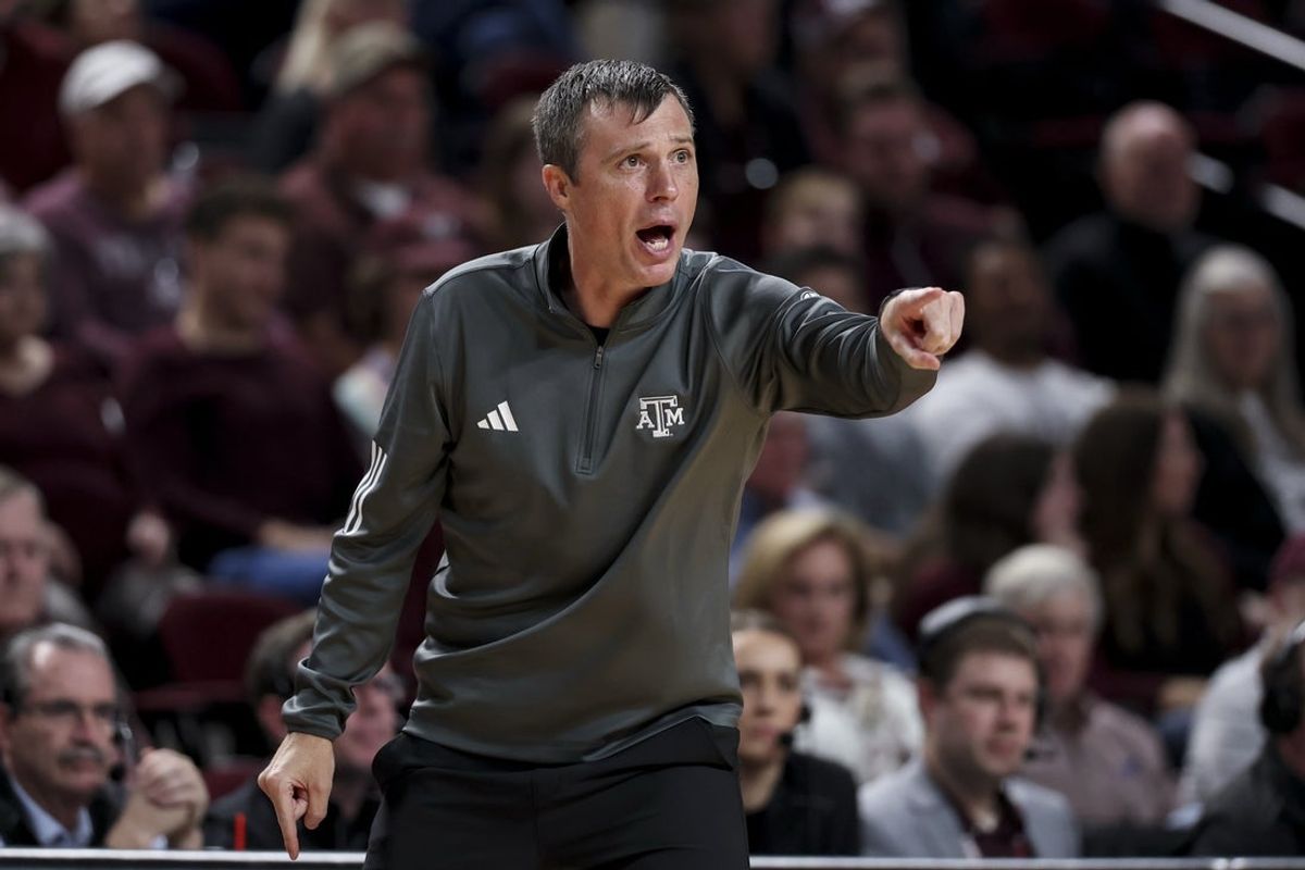 Nov 6, 2025; College Station, Texas, USA; Texas A&M Aggies head coach Bucky McMillan reacts during the second half against the Texas Southern Tigers at Reed Arena. Mandatory Credit: Maria Lysaker-Imagn Images