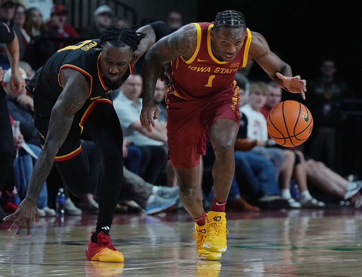 Iowa State Cyclones guard Jamarion Batemon (1) steals the ball from Grambling State Tiger guard Derrius Ward (0) during the second half on Nov. 6, 2025, at Hilton Coliseum in Ames, Iowa.