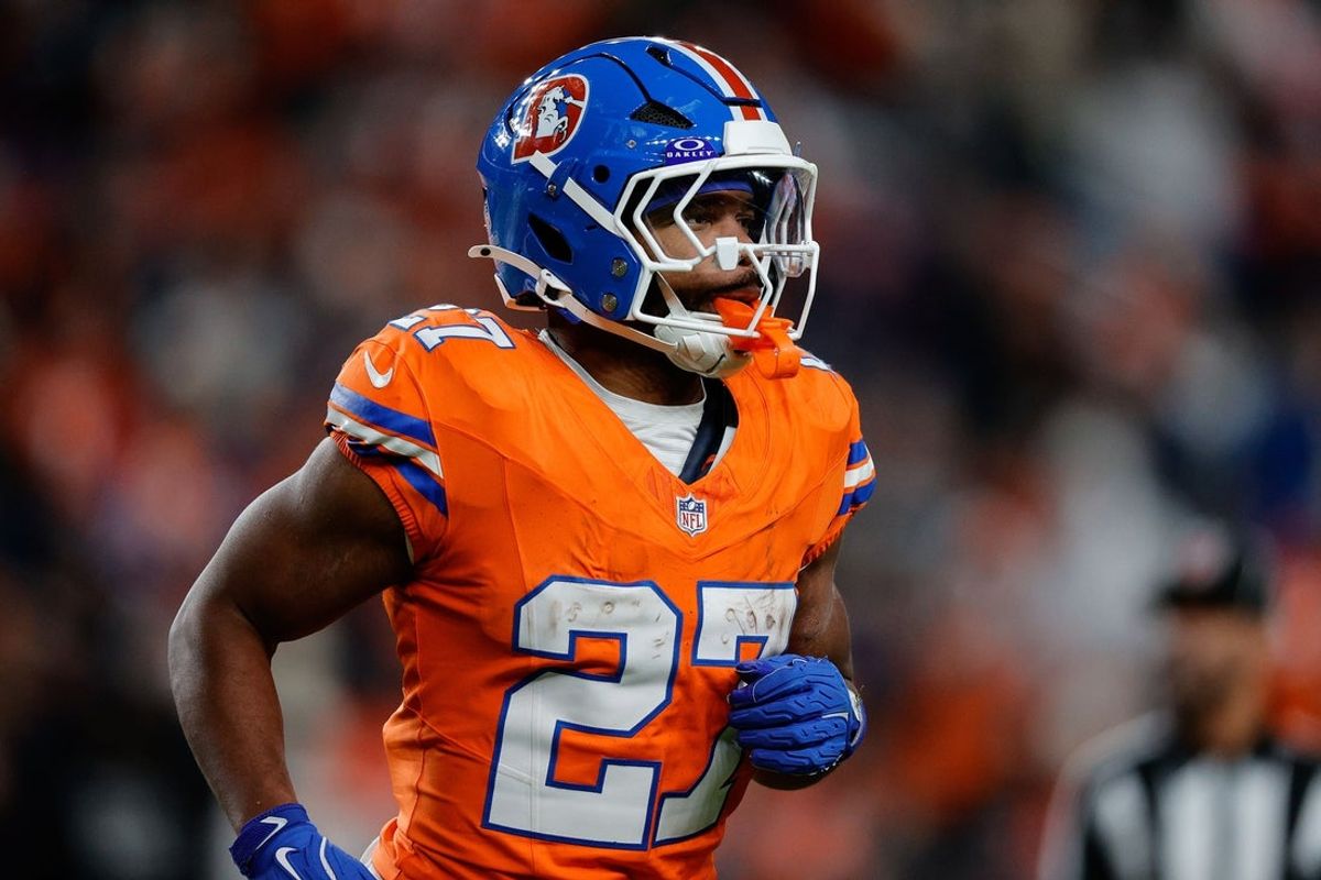 Nov 6, 2025; Denver, Colorado, USA; Denver Broncos running back J.K. Dobbins (27) in the fourth quarter against the Las Vegas Raiders at Empower Field at Mile High. Mandatory Credit: Isaiah J. Downing-Imagn Images