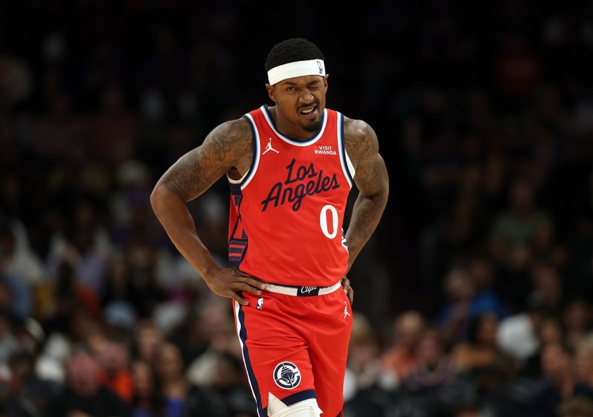 Nov 6, 2025; Phoenix, Arizona, USA; Los Angeles Clippers guard Bradley Beal (0) reacts against the Phoenix Suns in the first half at the Mortgage Matchup Center. Mandatory Credit: Mark J. Rebilas-Imagn Images