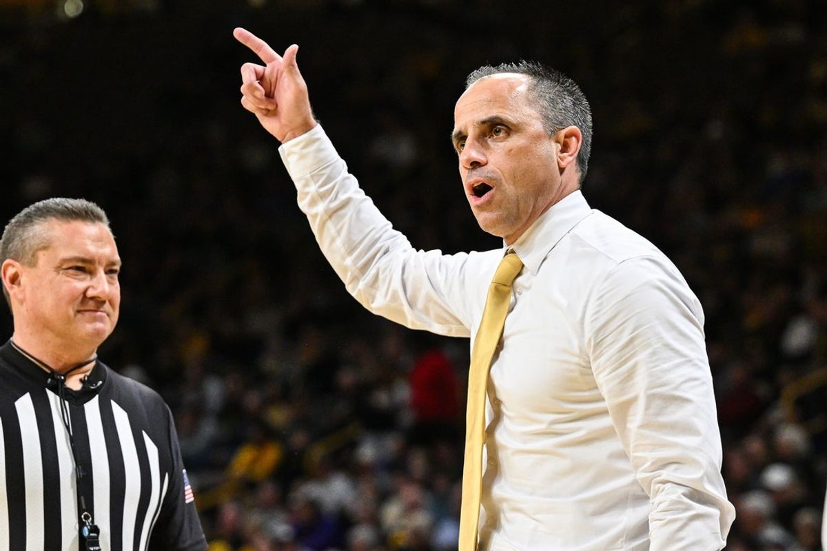 Nov 7, 2025; Iowa City, Iowa, USA; Iowa Hawkeyes head coach Ben McCollum reacts during the first half against the Western Illinois Leathernecks at Carver-Hawkeye Arena. Mandatory Credit: Jeffrey Becker-Imagn Images