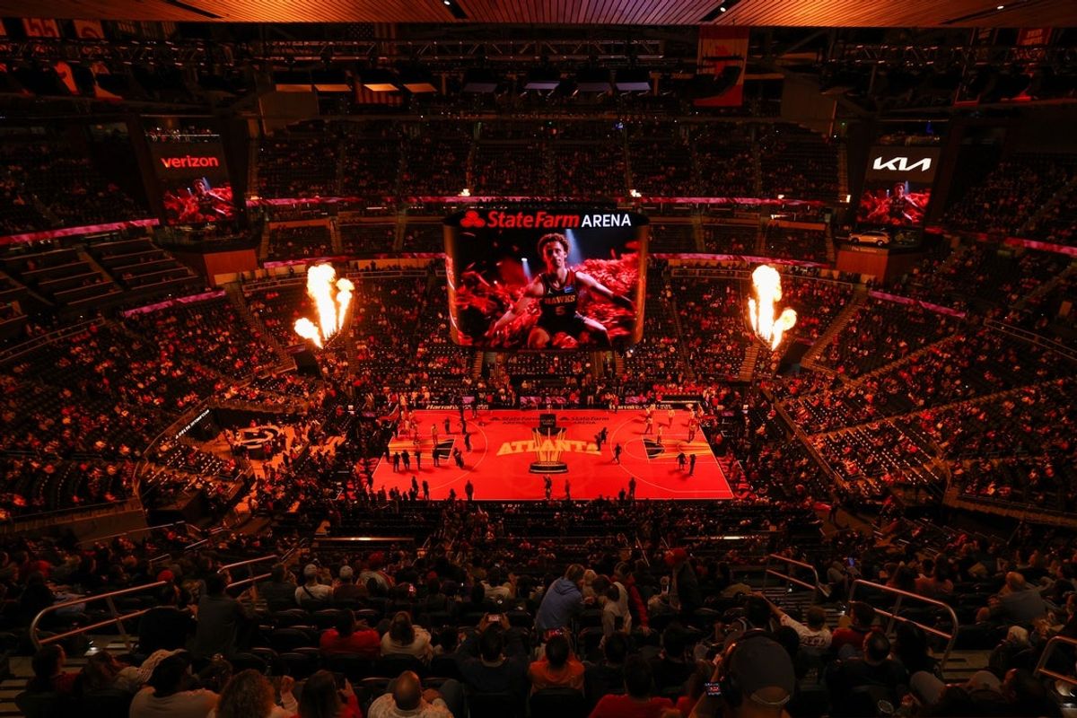 Nov 7, 2025; Atlanta, Georgia, USA; A general view of State Farm Arena before a game between the Atlanta Hawks and Toronto Raptors. Mandatory Credit: Brett Davis-Imagn Images