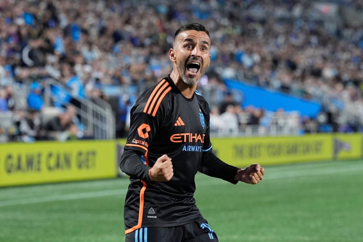 Nov 7, 2025; Charlotte, North Carolina, USA; New York City FC midfielder Maxi Moralez (10) reacts and acknowledges the crowd after a goal scored against Charlotte FC during the first half at Bank of America Stadium. Mandatory Credit: Jim Dedmon-Imagn Images