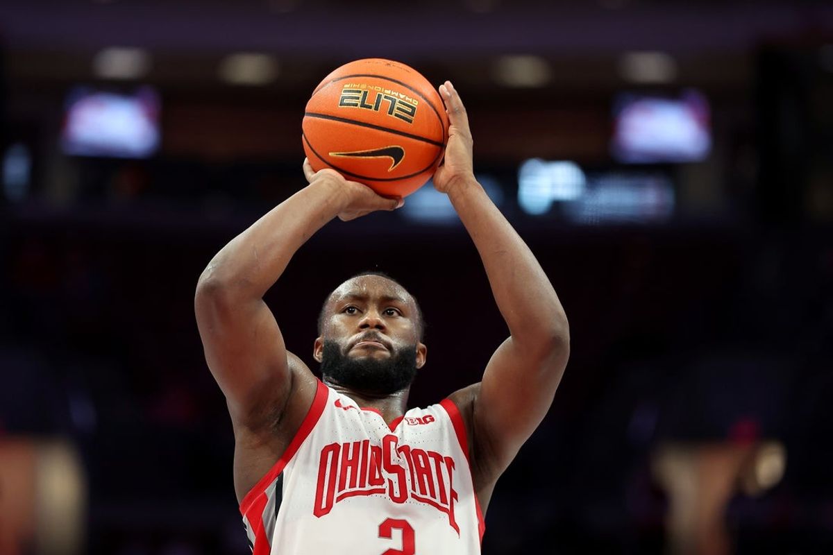 Nov 7, 2025; Columbus, Ohio, USA;  Ohio State Buckeyes guard Bruce Thornton (2) shoots a free throw during the second half against the Purdue Fort Wayne Mastodons at Value City Arena. Mandatory Credit: Joseph Maiorana-Imagn Images