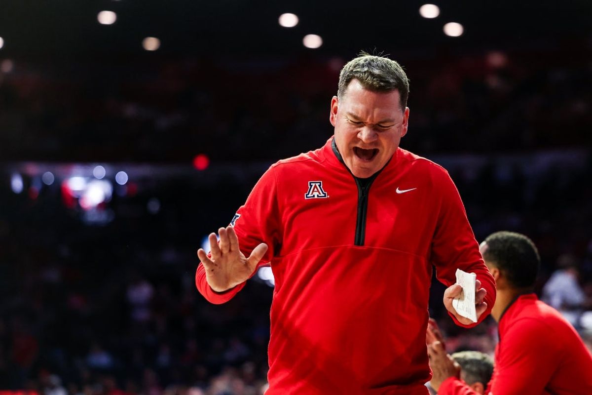 Nov 7, 2025; Tucson, Arizona, USA; Arizona Wildcats head coach Tommy Lloyd reacts toward the referee during the second half of the game against the Utah Tech Trailblazers at McKale Memorial Center. Mandatory Credit: Aryanna Frank-Imagn Images