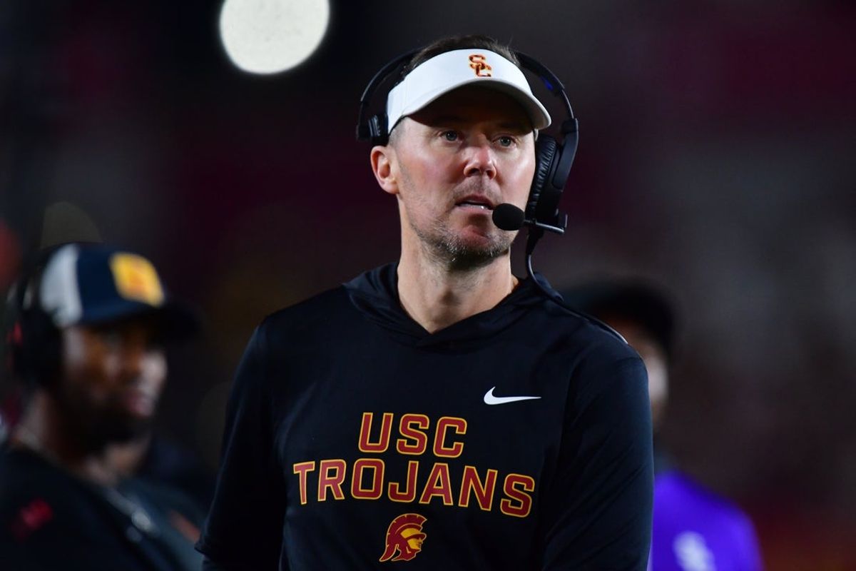 Nov 7, 2025; Los Angeles, California, USA; Southern California Trojans head coach Lincoln Riley watches game action against the Northwestern Wildcats during the second half at the Los Angeles Memorial Coliseum. Mandatory Credit: Gary A. Vasquez-Imagn Images