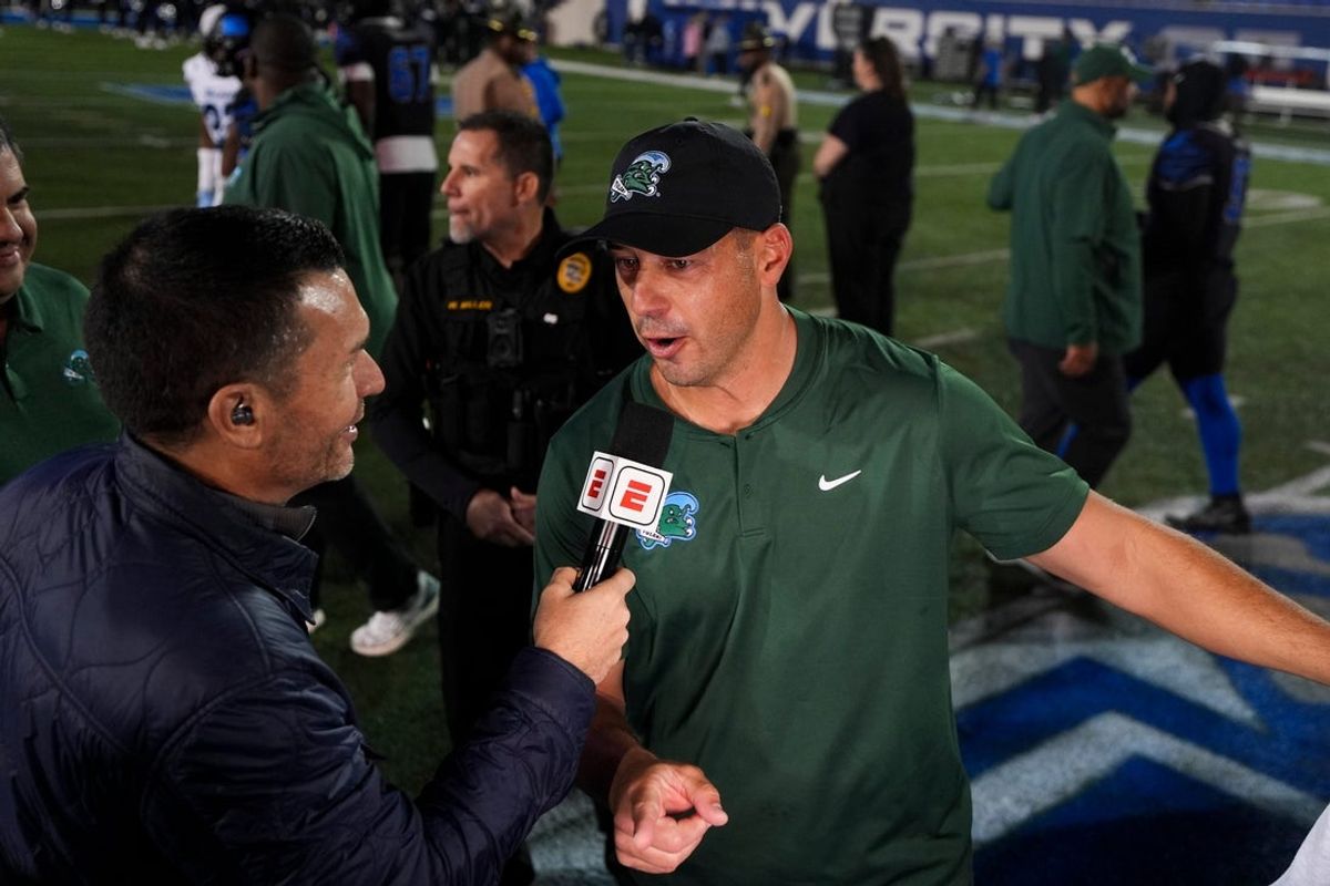 Tulane's head coach Jon Sumrall is interviewed after Tulane defeated Memphis 38-32 at Simmons Bank Liberty Stadium in Memphis, Tenn., on November 7, 2025.