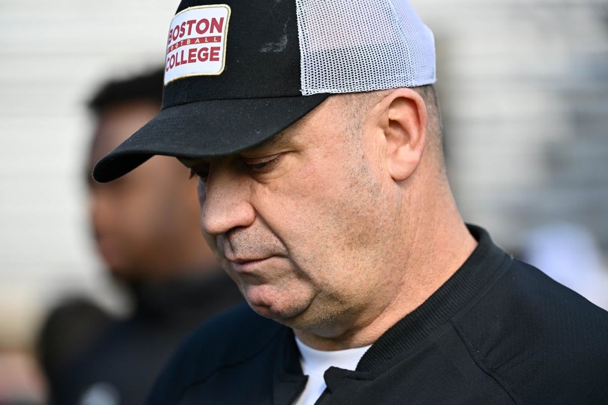 Nov 8, 2025; Chestnut Hill, Massachusetts, USA; Boston College Eagles head coach Bill O'Brien walks on to the field for warms up before a game against the Southern Methodist University Mustangs at Alumni Stadium. Mandatory Credit: Eric Canha-Imagn Images