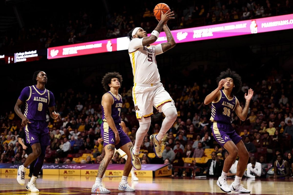 Nov 8, 2025; Minneapolis, Minnesota, USA; Minnesota Golden Gophers forward Jaylen Crocker-Johnson (5) shoots against the Alcorn State Braves during the first half at Williams Arena. Mandatory Credit: Matt Krohn-Imagn Images