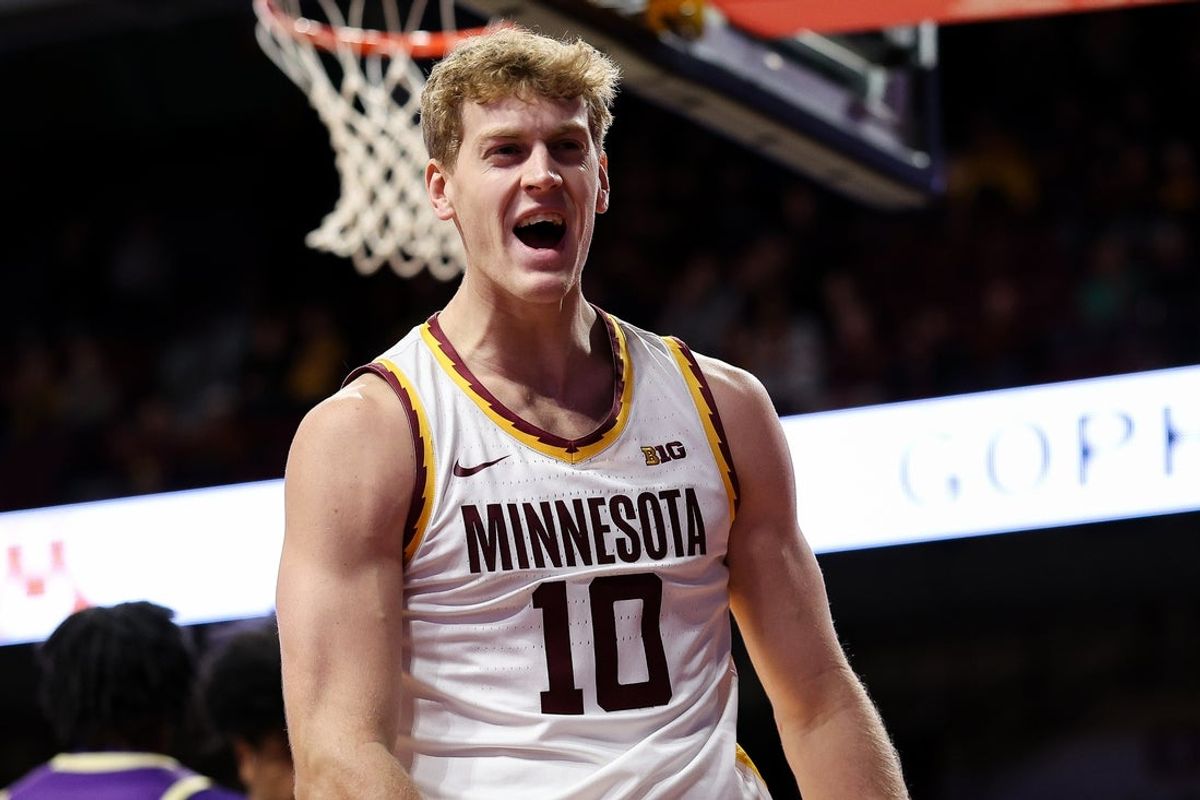 Nov 8, 2025; Minneapolis, Minnesota, USA; Minnesota Golden Gophers forward Cade Tyson (10) celebrates against the Alcorn State Braves during the first half at Williams Arena. Mandatory Credit: Matt Krohn-Imagn Images