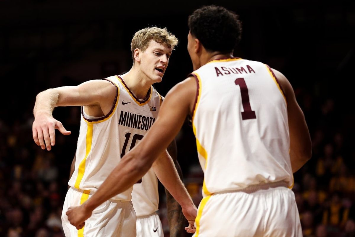 Nov 8, 2025; Minneapolis, Minnesota, USA; Minnesota Golden Gophers forward Cade Tyson (10) and guard Isaac Asuma (1) celebrate during the first half against the Alcorn State Braves at Williams Arena. Mandatory Credit: Matt Krohn-Imagn Images