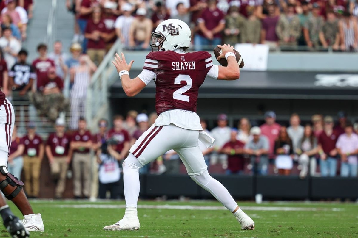 Nov 8, 2025; Starkville, Mississippi, USA; Mississippi State Bulldogs quarterback Blake Shapen (2) throws the ball against the Georgia Bulldogs during the first half at Davis Wade Stadium at Scott Field. Mandatory Credit: Wesley Hale-Imagn Images