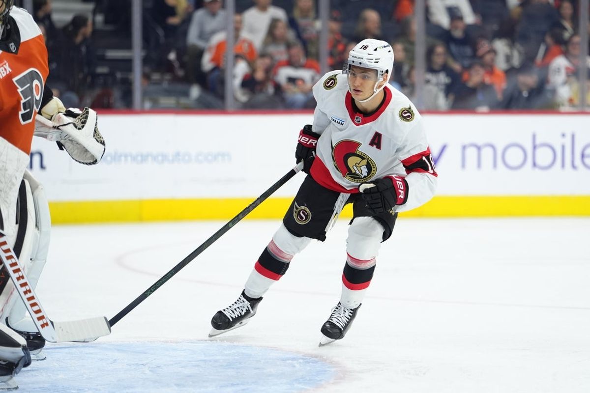Nov 8, 2025; Philadelphia, Pennsylvania, USA; Ottawa Senators center Tim Stutzle (18) in action against the Philadelphia Flyers in the first period at Xfinity Mobile Arena. Mandatory Credit: Kyle Ross-Imagn Images