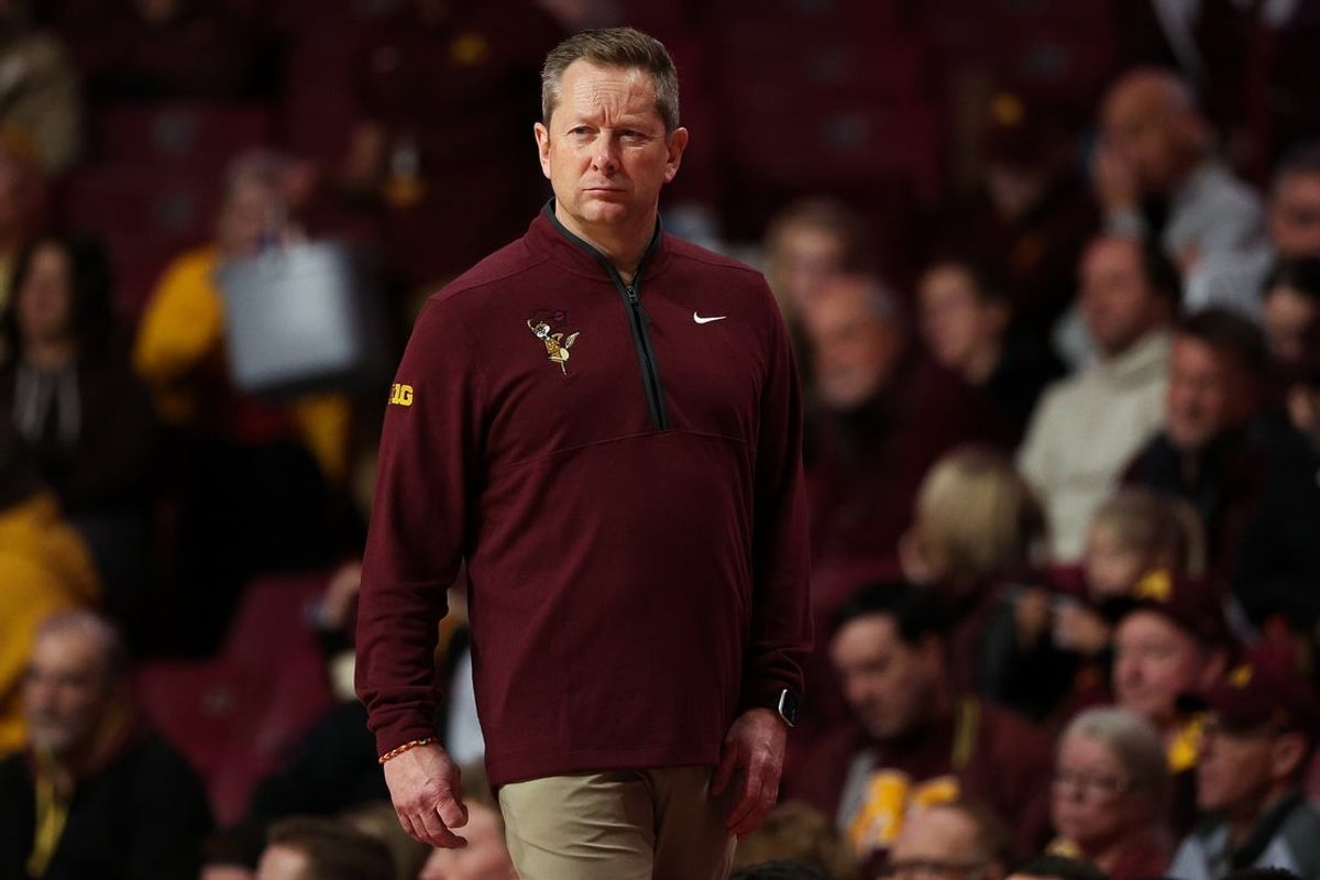 Nov 8, 2025; Minneapolis, Minnesota, USA; Minnesota Golden Gophers head coach Niko Medved looks on during the second half against the Alcorn State Braves at Williams Arena. Mandatory Credit: Matt Krohn-Imagn Images
