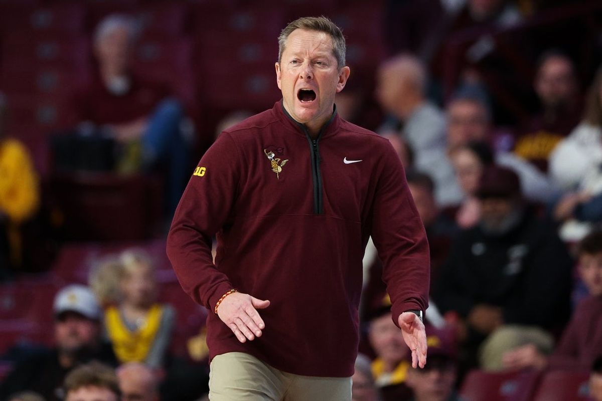 Nov 8, 2025; Minneapolis, Minnesota, USA; Minnesota Golden Gophers head coach Niko Medved looks on during the second half against the Alcorn State Braves at Williams Arena. Mandatory Credit: Matt Krohn-Imagn Images