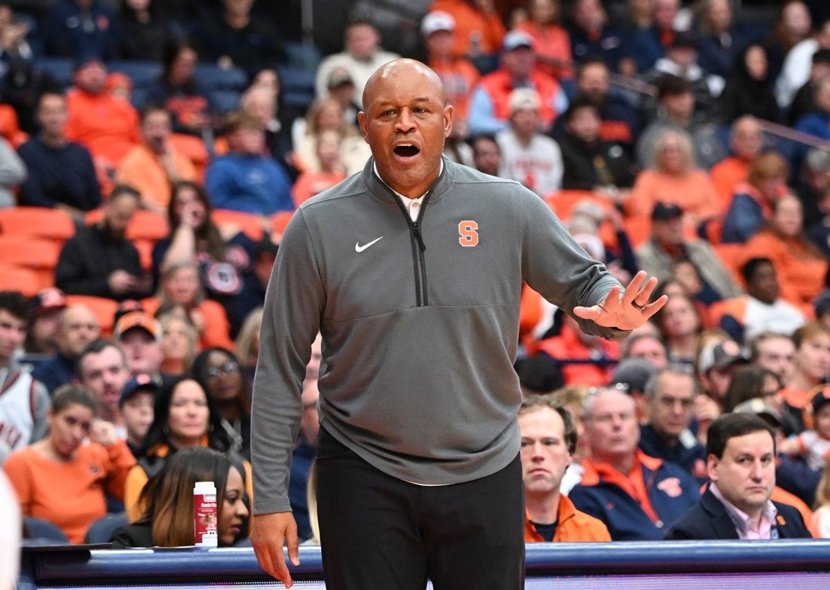 Nov 8, 2025; Syracuse, New York, USA; Syracuse Orange head coach Adrian Autry reacts to a play in the first half against the Delaware State Hornets at the JMA Wireless Dome. Mandatory Credit: Mark Konezny-Imagn Images