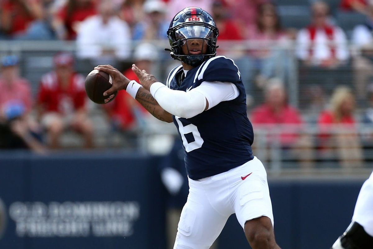 Nov 8, 2025; Oxford, Mississippi, USA; Mississippi Rebels quarterback Trinidad Chambliss (6) passes the ball during the second quarter against The Citadel Bulldogs at Vaught-Hemingway Stadium. Mandatory Credit: Petre Thomas-Imagn Images