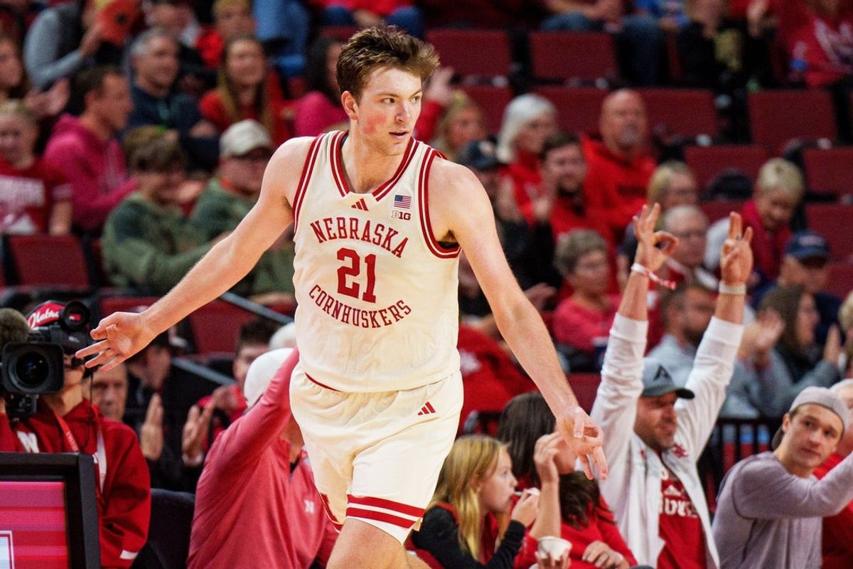 Nov 8, 2025; Lincoln, Nebraska, USA; Nebraska Cornhuskers forward Pryce Sandfort (21) reacts after a three point basket against the Florida International Panthers during the second half at Pinnacle Bank Arena. Mandatory Credit: Dylan Widger-Imagn Images