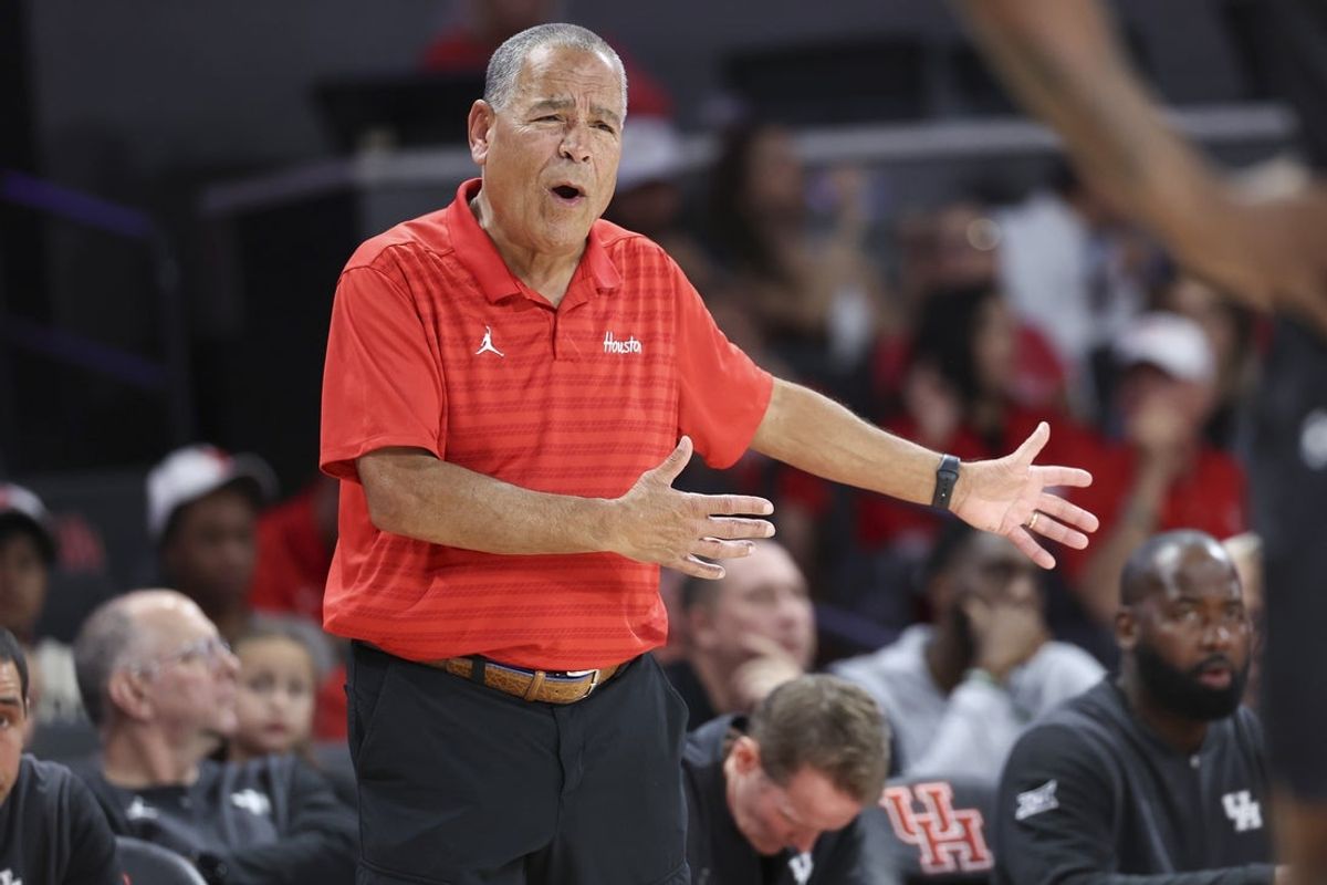 Nov 8, 2025; Houston, Texas, USA; Houston Cougars head coach Kelvin Sampson reacts during the second half against the Towson Tigers at Fertitta Center. Mandatory Credit: Troy Taormina-Imagn Images
