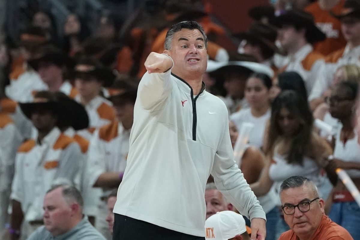 Nov 8, 2025; Austin, Texas, USA; Texas Longhorns head coach Sean Miller calls to players during the second half against the Lafayette Leopards at Moody Center. Mandatory Credit: Dustin Safranek-Imagn Images