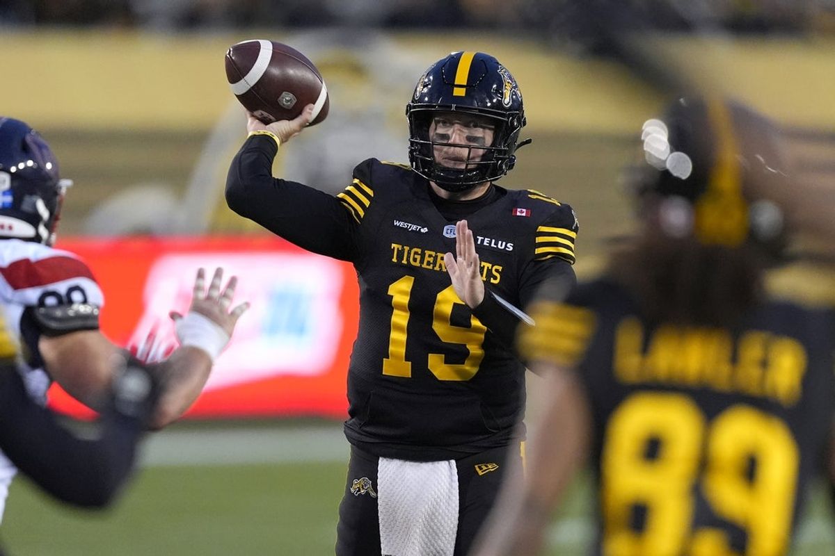 Nov 8, 2025; Hamilton, Ontario, Canada;  Hamilton Tiger-Cats quarterback Bo Levi Mitchell (19) goes to throw a pass against the Montreal Alouettes during the second half at Hamilton Stadium Mandatory Credit: John E. Sokolowski-Imagn Images