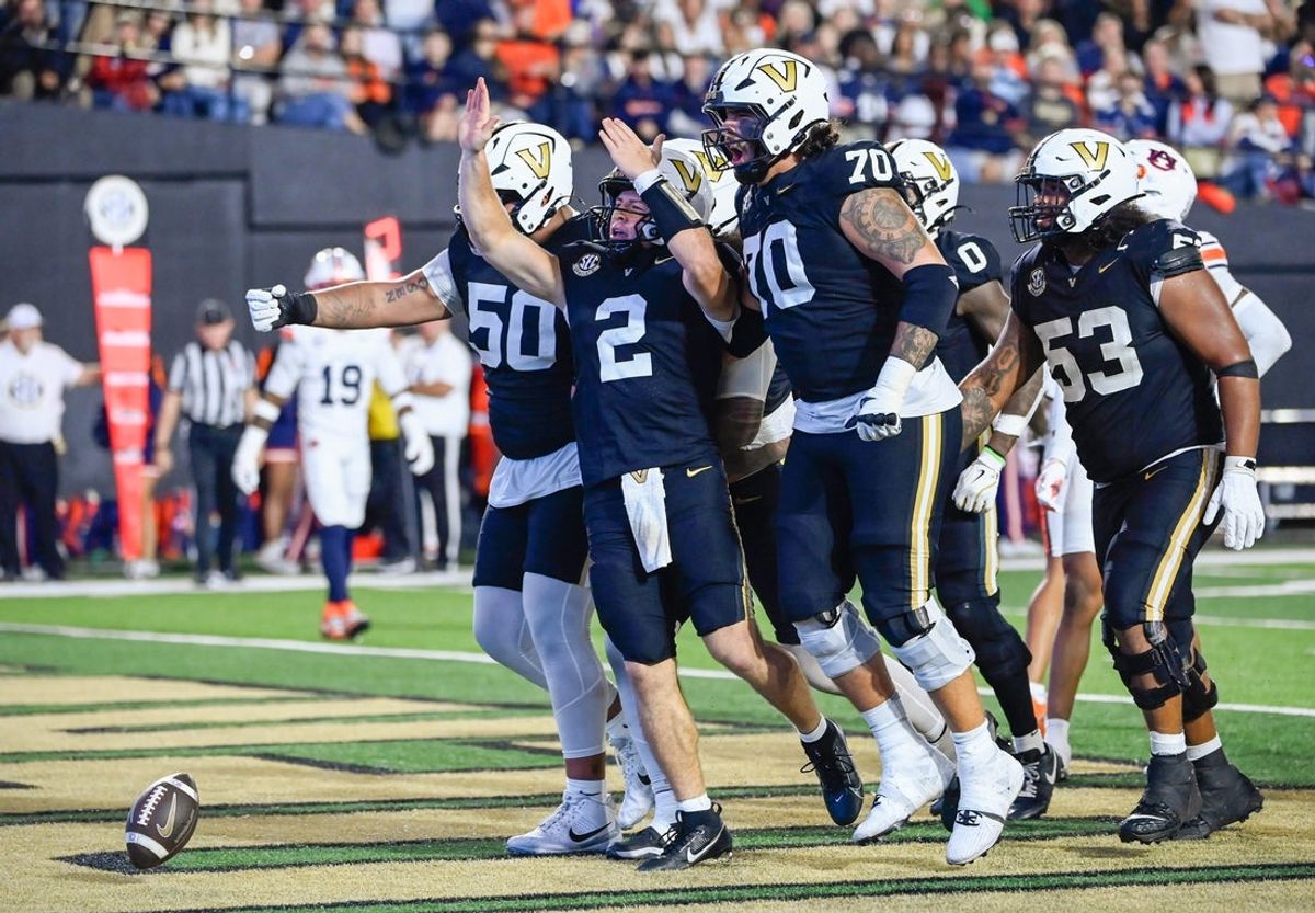 Vanderbilt quarterback Diego Pavia (2) celebrates a touchdown during the fourth quarter against Auburn at FirstBank Stadium in Nashville, Tenn., Saturday, Nov. 8, 2025.