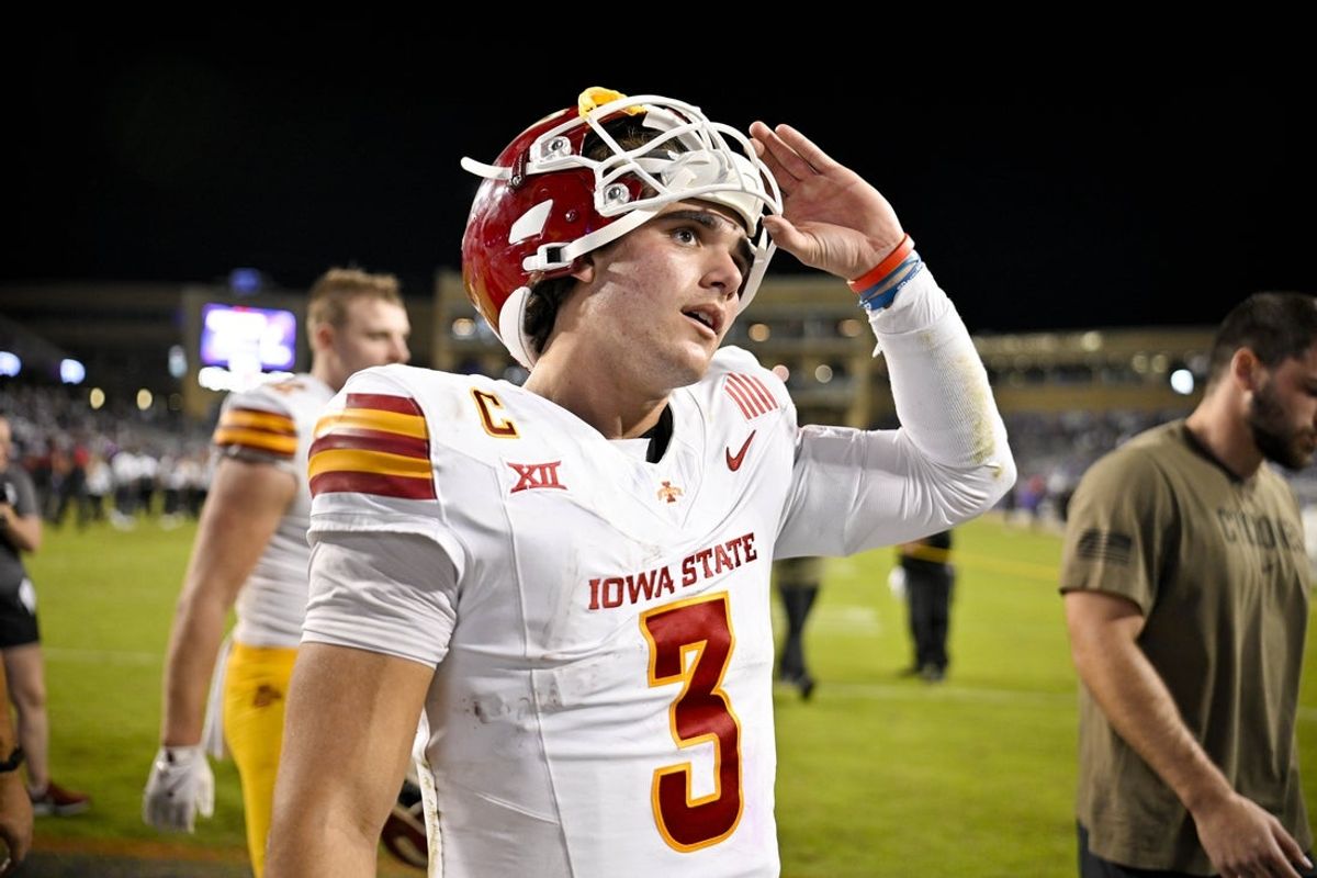 Nov 8, 2025; Fort Worth, Texas, USA; Iowa State Cyclones quarterback Rocco Becht (3) walks off the field after the Cyclones defeat the TCU Horned Frogs at Amon G. Carter Stadium. Mandatory Credit: Jerome Miron-Imagn Images
