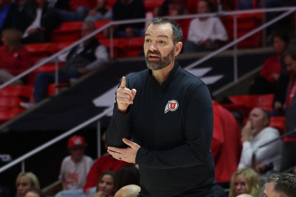 Nov 8, 2025; Salt Lake City, Utah, USA; Utah Utes head coach Alex Jensen give instruction against the Weber State Wildcats during the first half at Jon M. Huntsman Center. Mandatory Credit: Rob Gray-Imagn Images