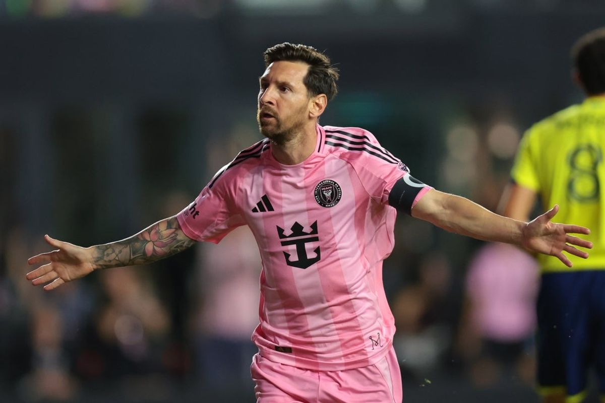Nov 8, 2025; Fort Lauderdale, Florida, USA; Inter Miami CF forward Lionel Messi (10) celebrates after scoring against Nashville SC during the first half at Chase Stadium. Mandatory Credit: Sam Navarro-Imagn Images