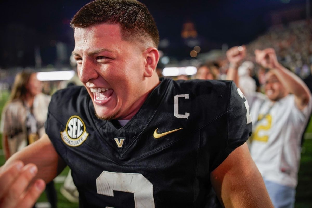 Vanderbilt quarterback Diego Pavia (2) celebrates their victory over Auburn after the game at FirstBank Stadium in Nashville, Tenn., Saturday, Nov. 8, 2025.