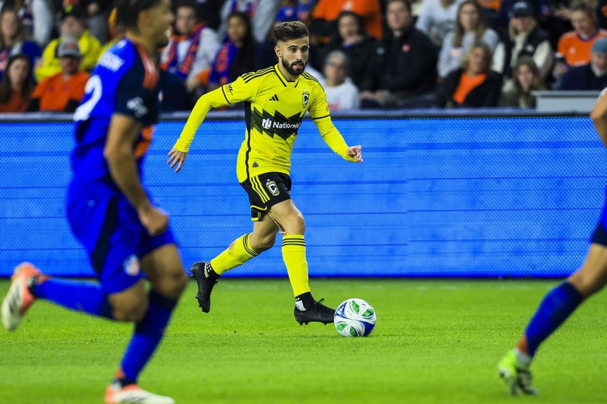 Nov 8, 2025; Cincinnati, Ohio, USA; Columbus Crew forward Diego Rossi (10) dribbles against FC Cincinnati in the second half at TQL Stadium. Mandatory Credit: Katie Stratman-Imagn Images