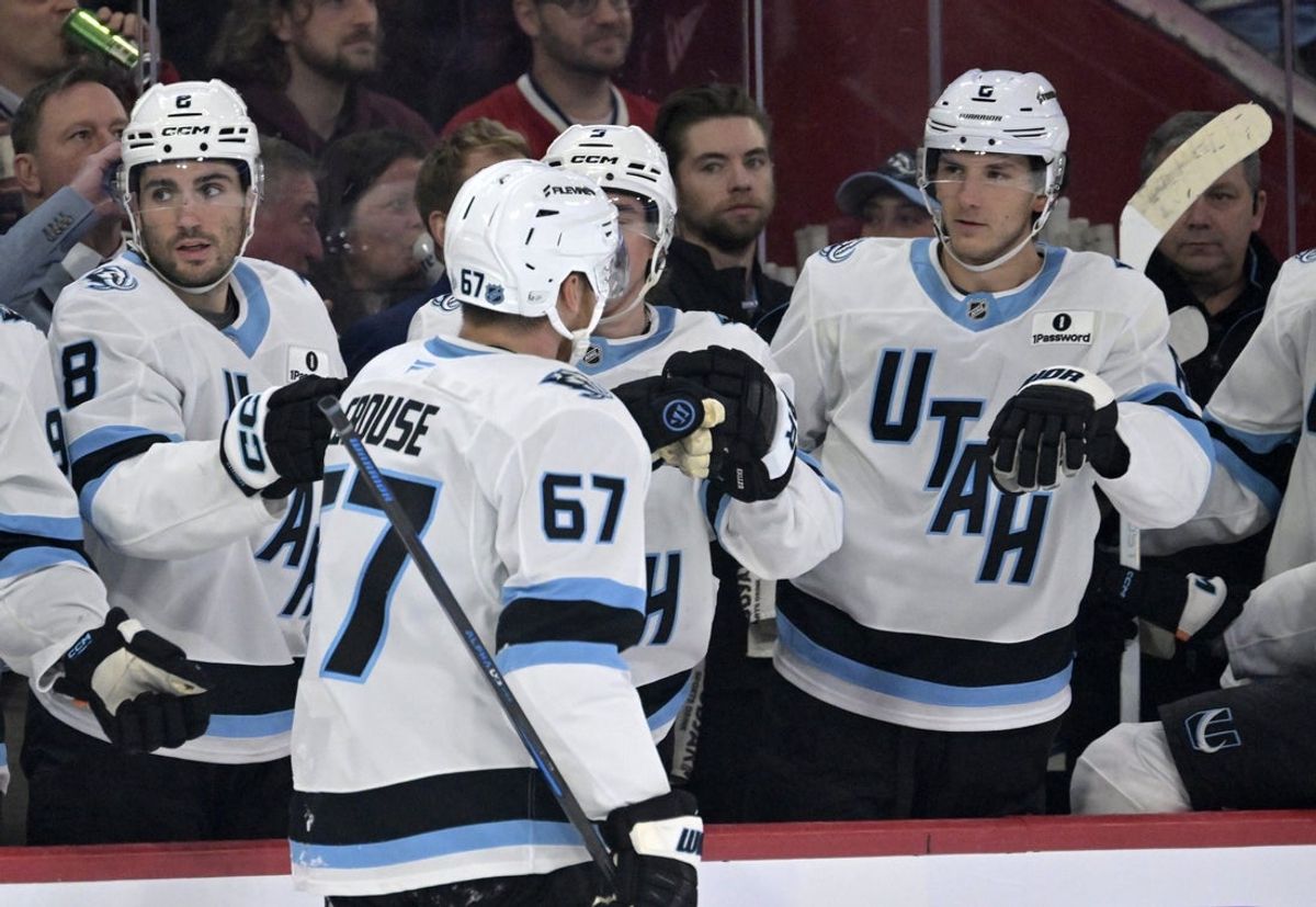 Nov 8, 2025; Montreal, Quebec, CAN; Utah Mammoth forward Lawson Crouse (67) celebrates with teammates after scoring a goal against the Montreal Canadiens during the second period at the Bell Centre. Mandatory Credit: Eric Bolte-Imagn Images