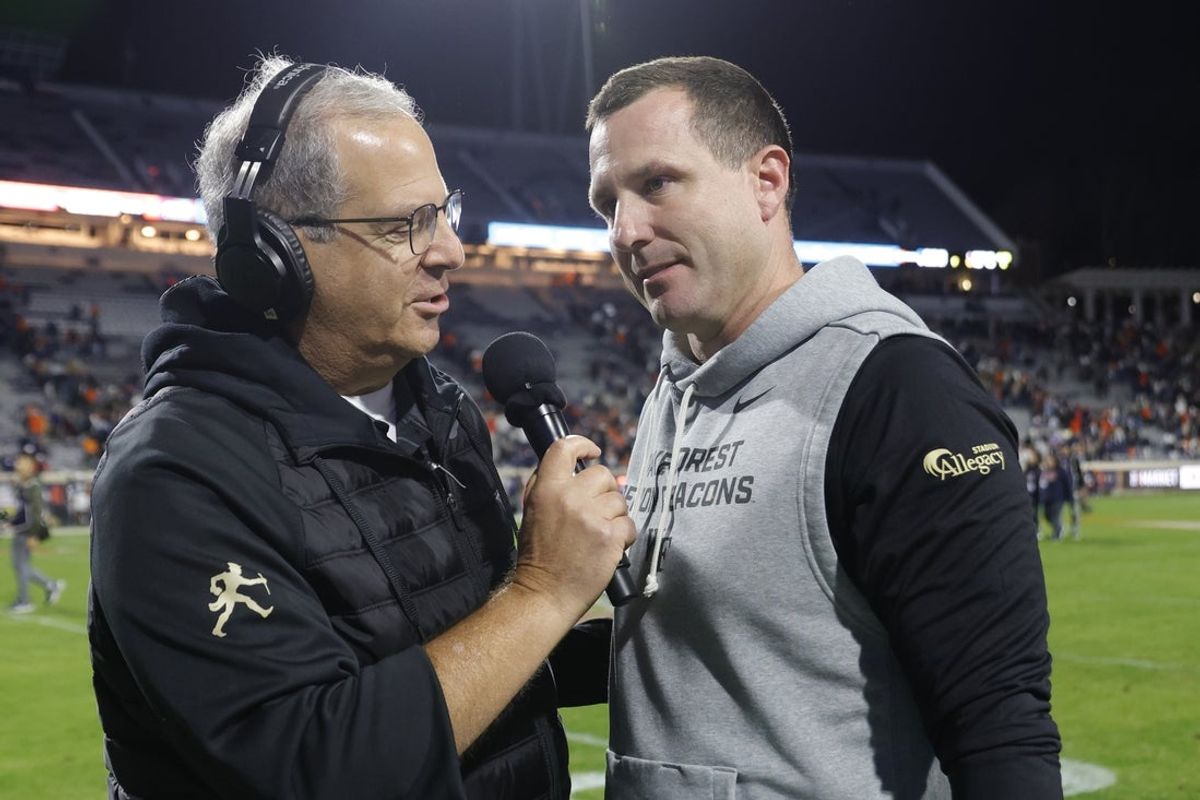Nov 8, 2025; Charlottesville, Virginia, USA; Wake Forest Demon Deacons head coach Jake Dickert speaks to the media after deafening the Virginia Cavaliers at Scott Stadium. Mandatory Credit: Amber Searls-Imagn Images