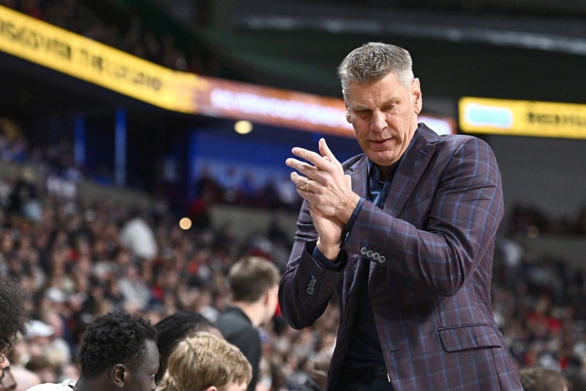 Nov 8, 2025; Spokane, Washington, USA; Oklahoma Sooners head coach Porter Moser walks the sideline against the Gonzaga Bulldogs in the first half at Numerica Veterans Arena. Mandatory Credit: James Snook-Imagn Images
