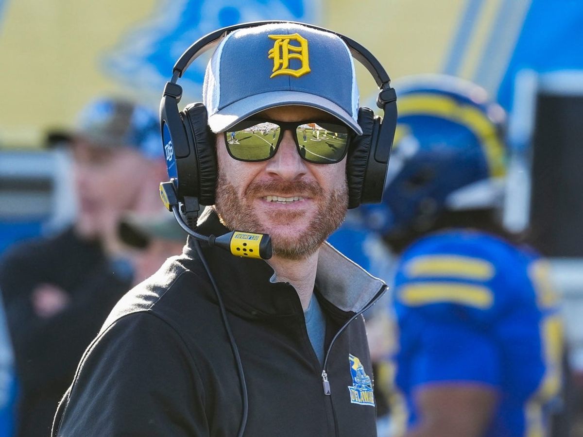 Delaware head coach Ryan Carty waits for the coin toss before the Blue Hens’ 25-24 win against Louisiana Tech at Delaware Stadium, Nov. 8, 2025.