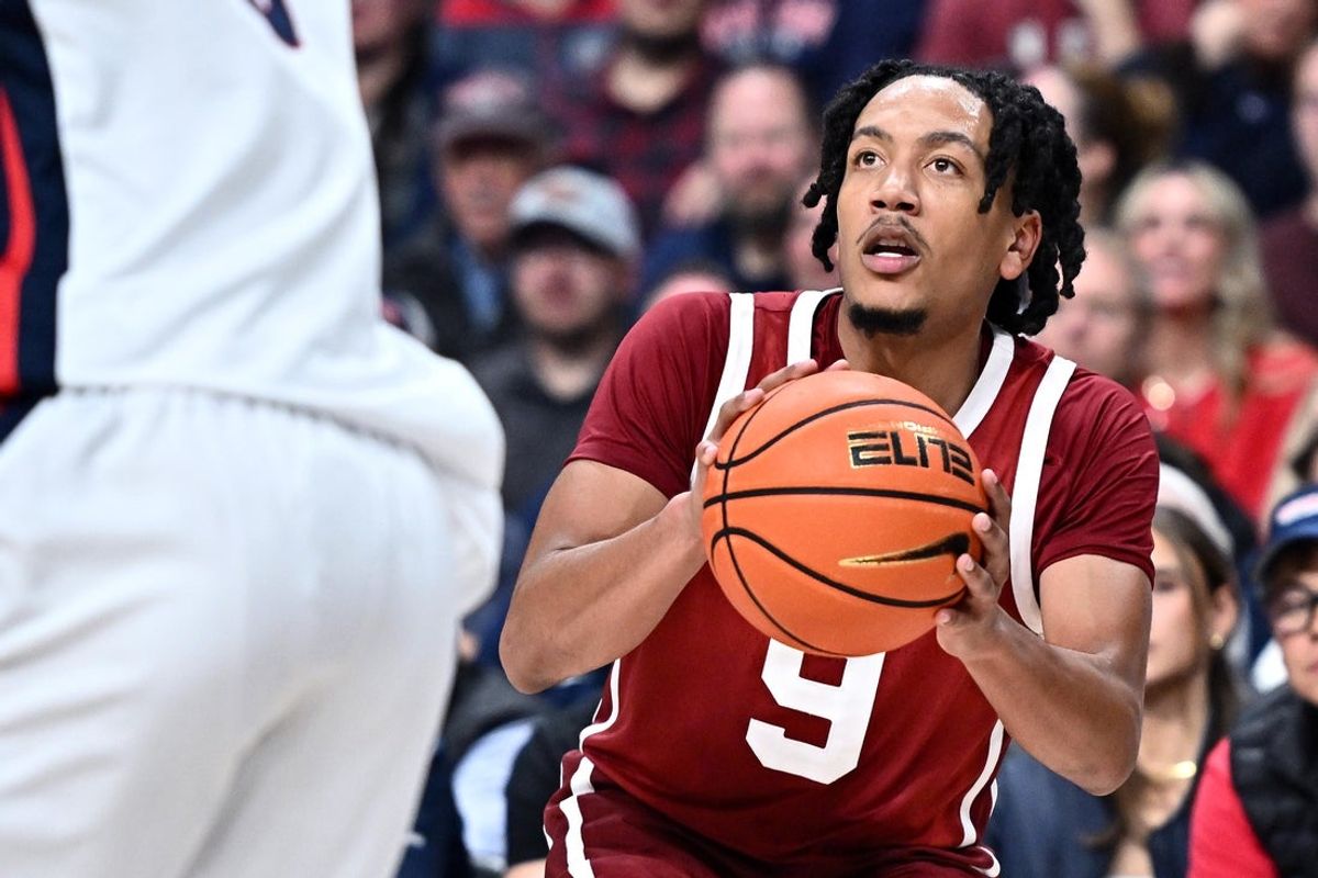 Nov 8, 2025; Spokane, Washington, USA; Oklahoma Sooners guard Nijel Pack (9) shoots the ball against the Gonzaga Bulldogs in the second half at Numerica Veterans Arena. Gonzaga Bulldogs won 83-68. Mandatory Credit: James Snook-Imagn Images