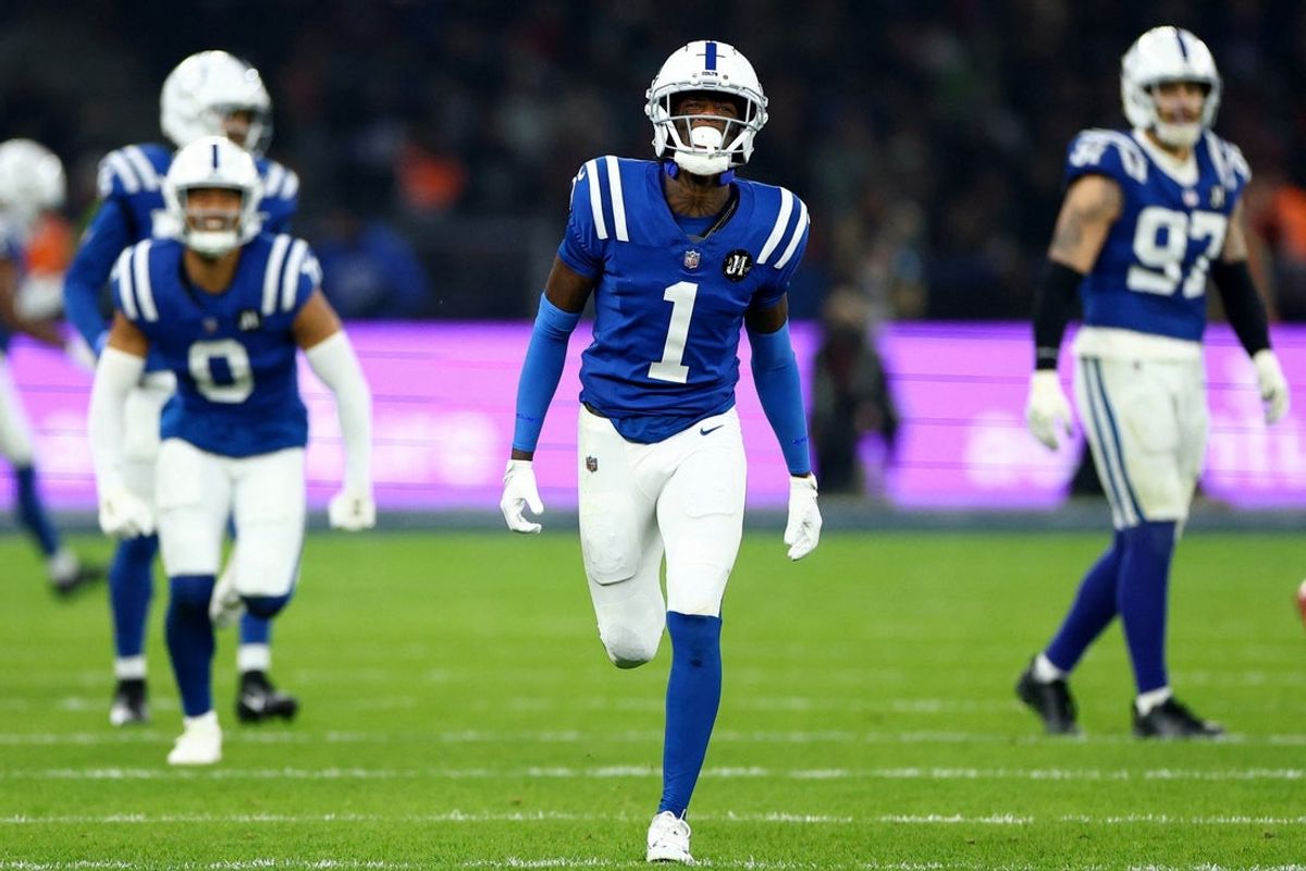 [US, Mexico & Canada customers only] Nov 9, 2025; Berlin, GERMANY; Indianapolis Colts cornerback Sauce Gardner (1) reacts against the Atlanta Falcons during the Berlin Game at Olympic Stadium. Mandatory Credit: Lisi Niesner/Reuters via Imagn Images