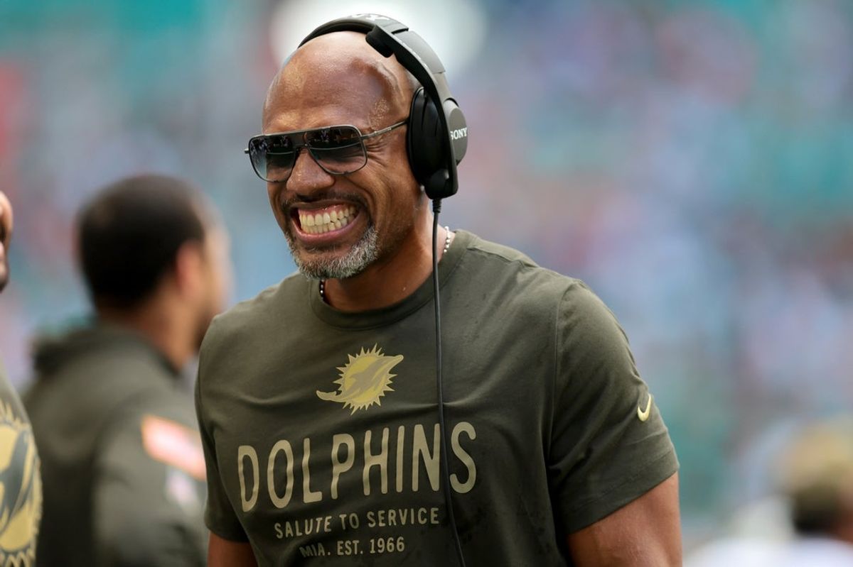 Nov 9, 2025; Miami Gardens, Florida, USA; Miami Dolphins defensive coordinator Anthony Weaver during the first half against the Buffalo Bills at Hard Rock Stadium. Mandatory Credit: Sam Navarro-Imagn Images