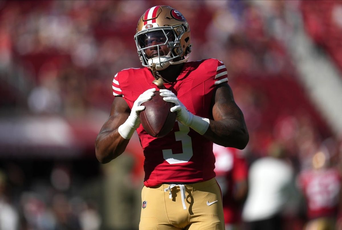 Nov 9, 2025; Santa Clara, California, USA; San Francisco 49ers running back Brian Robinson Jr. (3) warms up prior to the game against the Los Angeles Rams at Levi's Stadium. Mandatory Credit: Cary Edmondson-Imagn Images