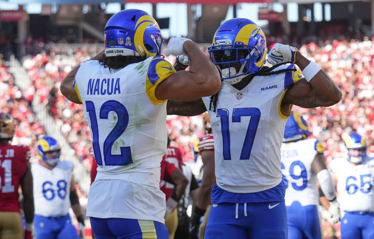 Nov 9, 2025; Santa Clara, California, USA; Los Angeles Rams wide receiver Puka Nacua (12) and Los Angeles Rams wide receiver Davante Adams (17) celebrate after a touchdown during the first quarter against the San Francisco 49ers at Levi's Stadium. Mandatory Credit: Cary Edmondson-Imagn Images