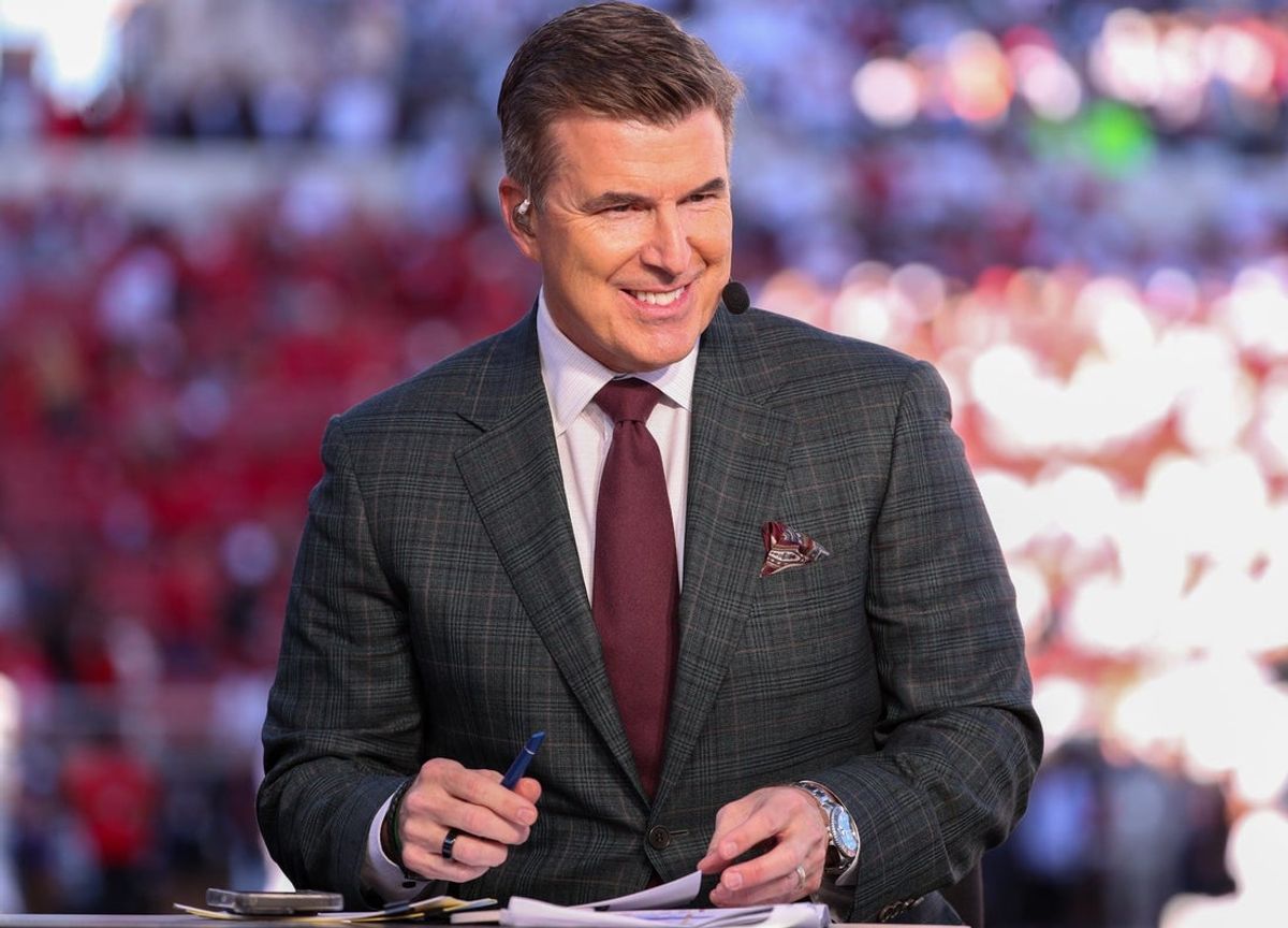 ESPN host Rece Davis sits on the College GameDay set before a Big 12 Conference football game, Saturday, Nov. 8, 2025, at Jones AT&T Stadium.