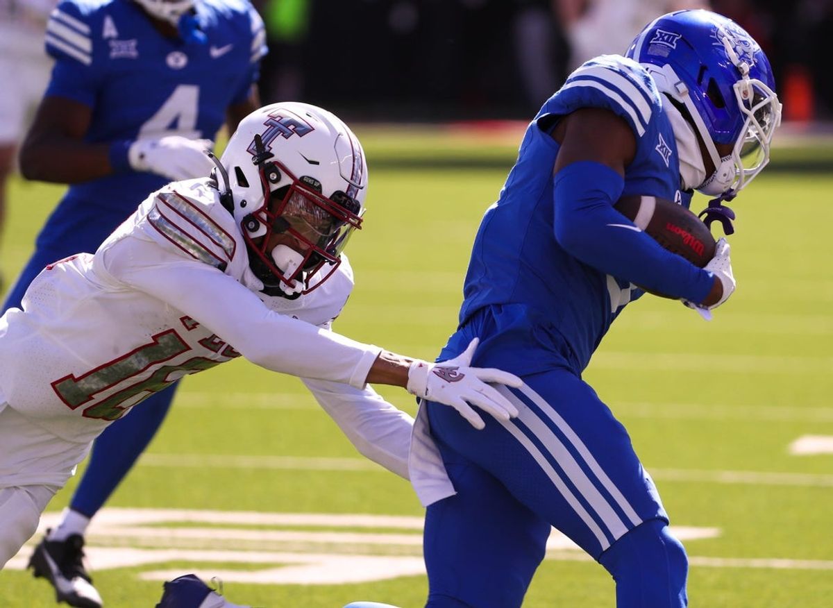 Texas Tech's Ashton Hampton makes a tackle against BYU during a Big 12 Conference football game, Saturday, Nov. 8, 2025, at Jones AT&T Stadium.