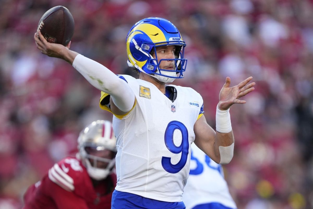 Nov 9, 2025; Santa Clara, California, USA; Los Angeles Rams quarterback Matthew Stafford (9) throws a pass during the second quarter against the San Francisco 49ers at Levi's Stadium. Mandatory Credit: Kyle Terada-Imagn Images