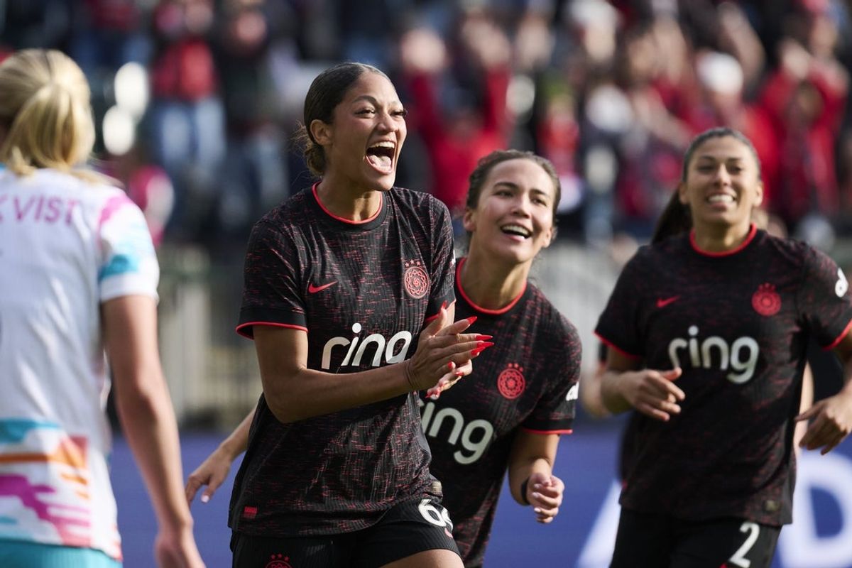 Nov 9, 2025; Portland, Oregon, USA; Portland Thorns FC forward Reilyn Turner (66) celebrates scoring a goal with teammates during the second half against San Diego Wave FC at Providence Park. Mandatory Credit: Troy Wayrynen-Imagn Images