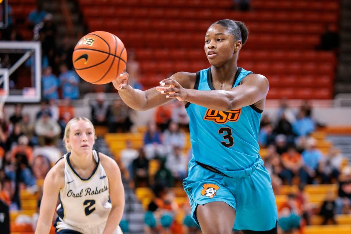 Nov 9, 2025; Stillwater, Oklahoma, USA; Oklahoma State Cowgirls guard Micah Gray (3) passes the ball during the second half against the Oral Roberts Golden Eagles at Gallagher-Iba Arena. Mandatory Credit: William Purnell-Imagn Images