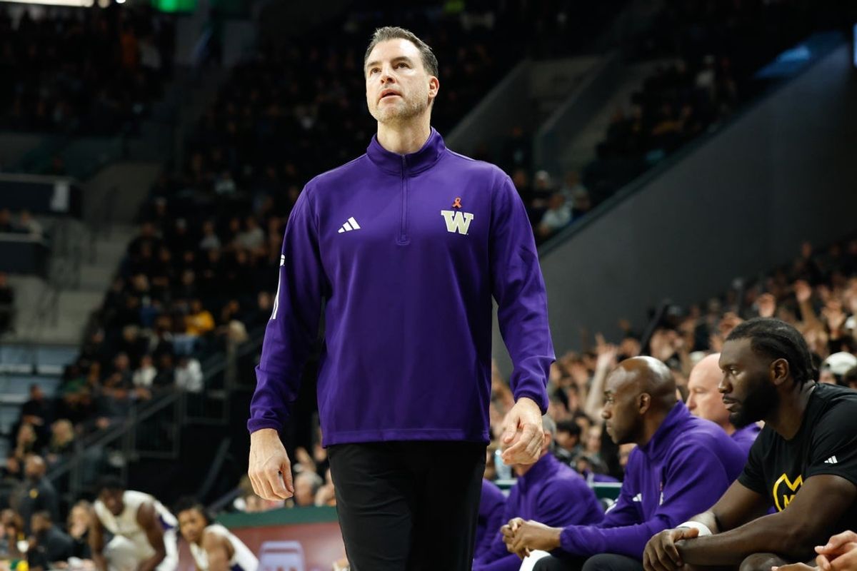 Nov 9, 2025; Waco, Texas, USA; Washington Huskies head coach Danny Sprinkle reacts on the sidelines against the Baylor Bears during the first half at Paul and Alejandra Foster Pavilion. Mandatory Credit: Chris Jones-Imagn Images