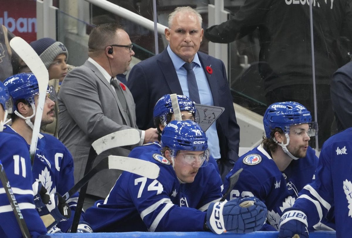Nov 9, 2025; Toronto, Ontario, CAN; Toronto Maple Leafs head coach Craig Berube scowls on the bench after a goal by the Carolina Hurricanes during the third period at Scotiabank Arena. Mandatory Credit: John E. Sokolowski-Imagn Images
