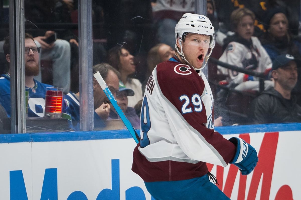 Nov 9, 2025; Vancouver, British Columbia, CAN; Colorado Avalanche forward Nathan MacKinnon (29) celebrates his first goal of the game against the Vancouver Canucks in the first period at Rogers Arena. Mandatory Credit: Bob Frid-Imagn Images